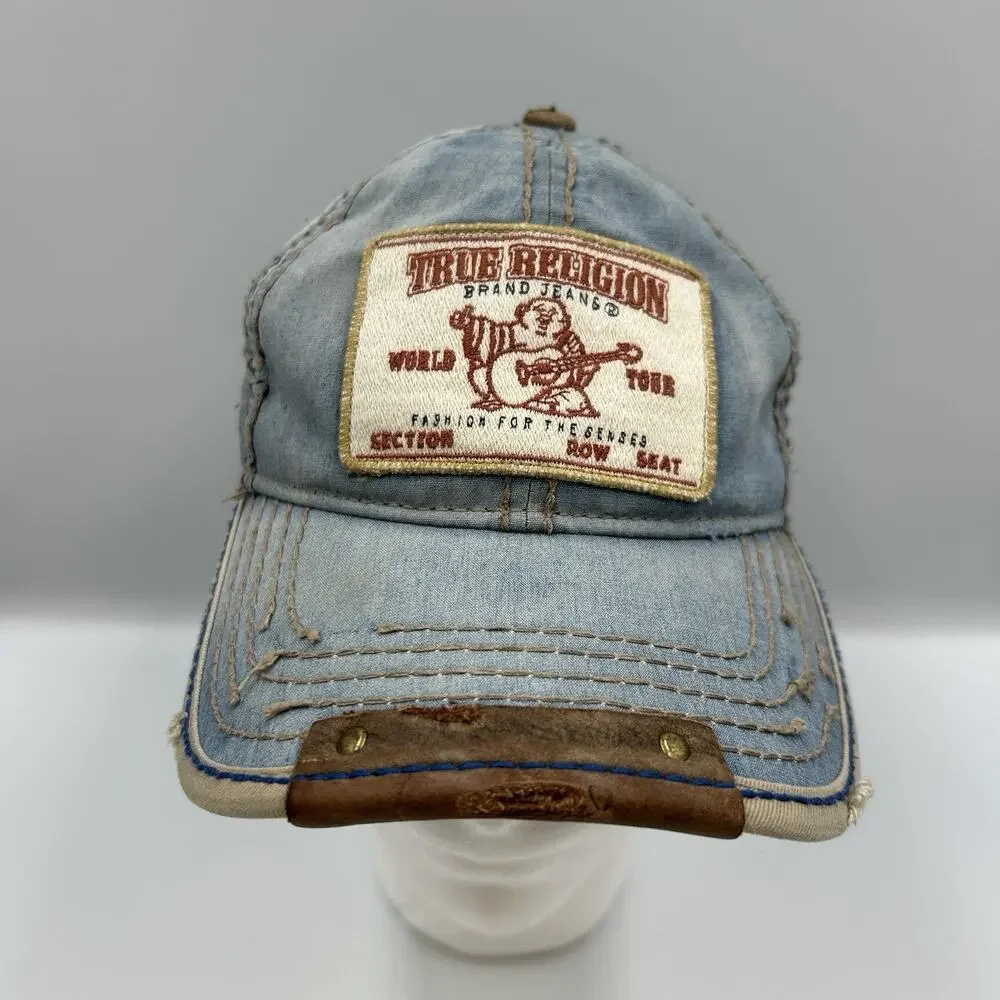 True Religion Distress Embroidery Denim Basebal Hat Adjustable Y2k Vintage Logo